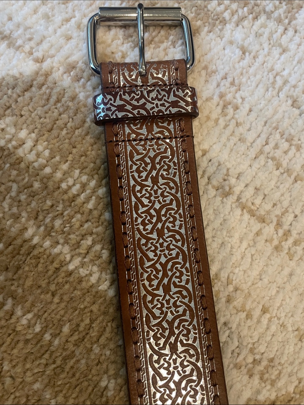 Embossed Brown Leather Women's Belt with Silver Buckle